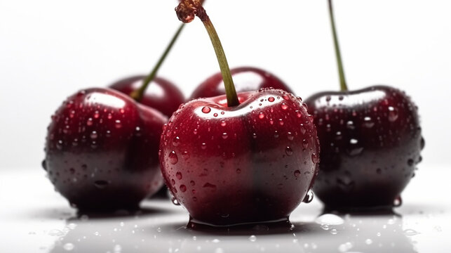 Close up shot of cherries on a white background