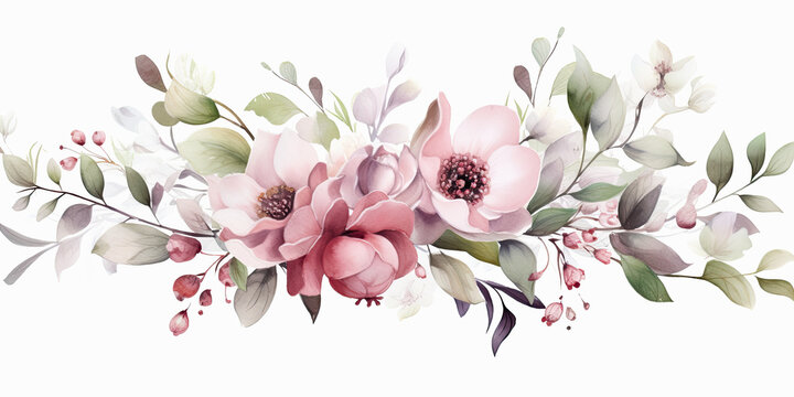 Naklejka acuarela  con flores en tonos rosas, rojos, verdes y blancos sobre fondo blanco.Ilustracion de Ia generativa