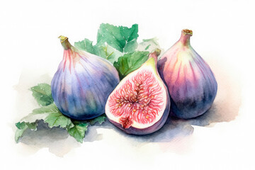 Obraz premium Watercolor painting of some figs on a white background. Generative AI.