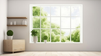 Obraz na płótnie Canvas A Tranquil White Room with a Shelf and Enchanting Green Landscape Framed in the Window. Generative AI
