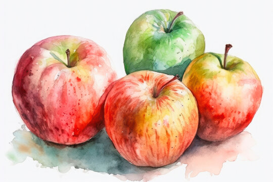 Watercolor painting of some apples on a white background. Generative AI.