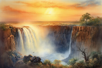 Watercolor painting of Victoria Falls on the Zambezi River. Generative AI. - obrazy, fototapety, plakaty