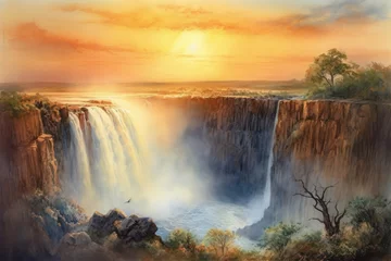 Foto op Aluminium Watercolor painting of Victoria Falls on the Zambezi River. Generative AI. © Agustin