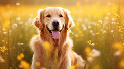 Golden retriever dog standing in grass with yellow flowers on the field.
