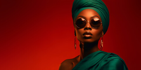 portrait of a black woman with turban and sunglasses in front of a red background with copy space, fictional person created with generative ai - obrazy, fototapety, plakaty