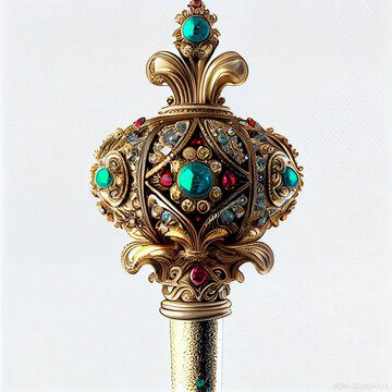  Detailed head of an ornate ceremonial jewelled sceptre isolated on a white background Ai generated image