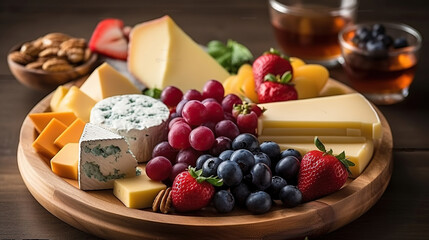 A wooden bowl filled with different types of cheese and fruit. Generative AI