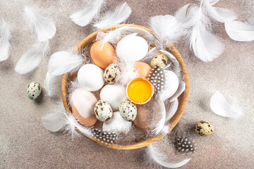 Fototapeta na wymiar Eggs and yolks in a wooden box on a light background. top view