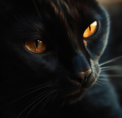 black cat with amber eyes, created with Generative AI Technology 