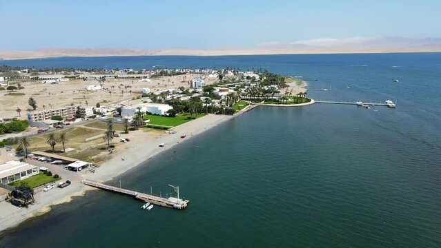 Aerial shot drone flies forward toward a beachside resort clashing with the desert landscape and the Paracas National Reserve in the background
