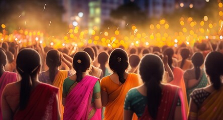 Celebrating the joyous occasion of Diwali, Crowds of Indians dance to traditional music. Generative AI