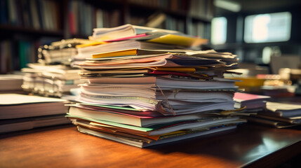 Piles of old books on a table in blur background