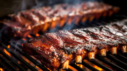 BBQ ribs cooking on flaming grill shot with selective focus. Generative AI