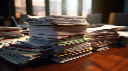 Piles of old books on a table in blur background
