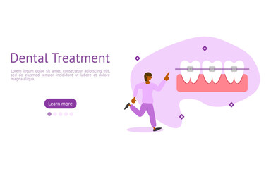 dental care illustration set. characters seen dentist starts braces so that teeth are normal. dental orthodontic concept. vector illustration.