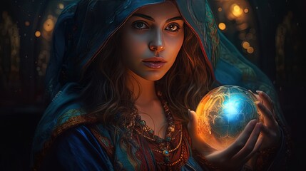 close up face portrait of woman mage holding crystal ball in palm, Generative Ai