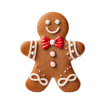 gingerbread man with a smile and a red bow tie.
