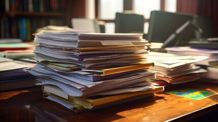 Piles of old books on a table in blur background