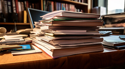Fototapeta premium Piles of old books on a table in blur background