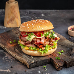grilled burger with beef, tomato, cheese and lettuce on rustic dark background. fast food and junk...