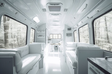 Minimalist motor home All-white color palette. Centered perspective. Interior Design