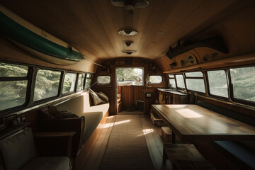 Minimalist motor home COASTAL / BEACHY style. Centered perspective. Interior Design