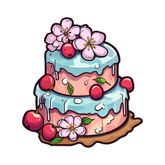 012. cherry blossom cake sticker cool colors and kawaii. clipart illustration