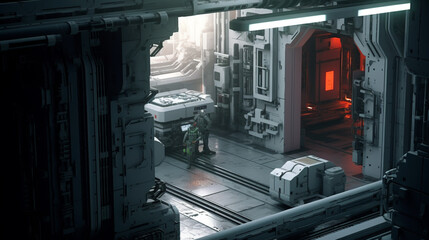 Fototapeta premium Factory Manufacturing Futuristic 3D Sci fi Science Fiction Industrial Robot Technology Production Cyberpunk Generative AI Revolution Age 