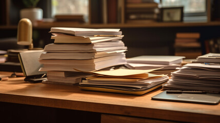 Piles of old books on a table in blur background