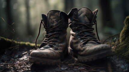 Unas botas abandonadas en el camino con fondo en un bosque. Concepto de soledad o abandono. Generado por IA.