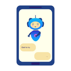 Chatbot on phone bows and says glad to try. Question answering virtual assistant, artificial intelligence. Smart assistant in mobile application. Colorful vector isolated illustration flat
