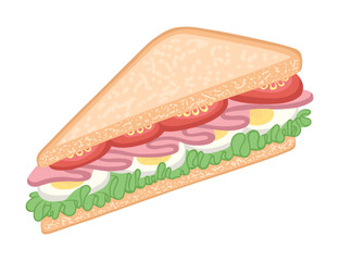 Sandwich flat. Fast food. Snack, filled bread, ham, tomato, egg, green salad. Hand drawn vector illustration.