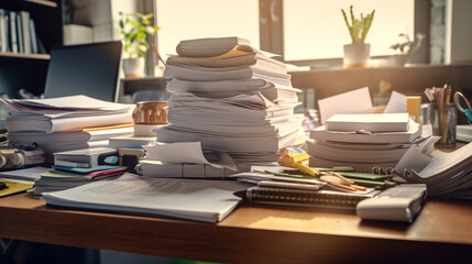 Piles of old books on a table in blur background