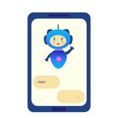 Chatbot on the phone greets and waves. Question answering virtual assistant, artificial intelligence. Smart assistant in mobile application. Colorful vector isolated illustration flat