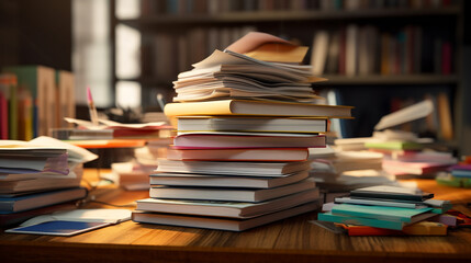 Piles of old books on a table in blur background