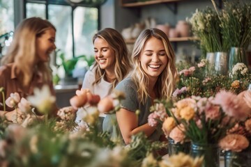 a group of young women attending to a flower arrangement workshop