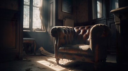 Un sofá abandonado y viejo en una habitación antigua. Concepto de soledad o abandono. Generado por IA.