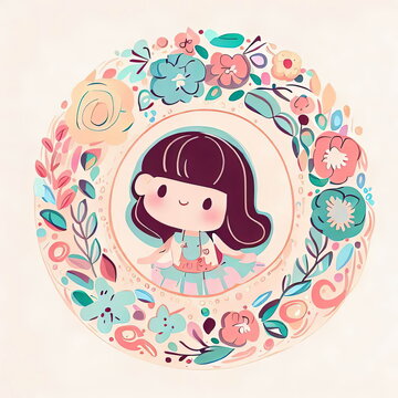 Cute little girl with butterflies and flowers in a round frame.