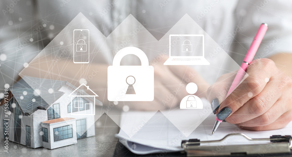Poster businessman use a laptop to login by password with virtual screen of padlock, security of private. t
