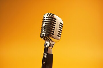 Vintage microphone on yellow background, Podcast Karaoke Background, Generative AI