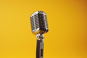 Vintage microphone on yellow background, Podcast Karaoke Background, Generative AI - obrazy, fototapety, plakaty