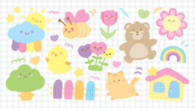 cute sweet pastel hand drawn kawaii happy smile face cartoon graphic element illustration vector set