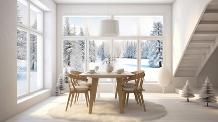 White dinner room with winter landscape in window. Generative AI