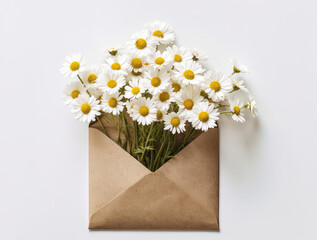 White daisies inside an open paper envelope on a white background