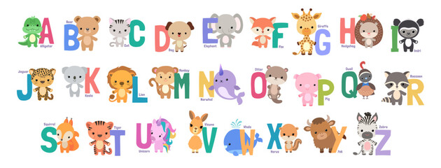 Animal alphabet poster for preschool children. Baby style kawaii animals and capital letters in alphabetical order. Cartoon animals clipart for abc learning. English language fun studying for kids. - obrazy, fototapety, plakaty