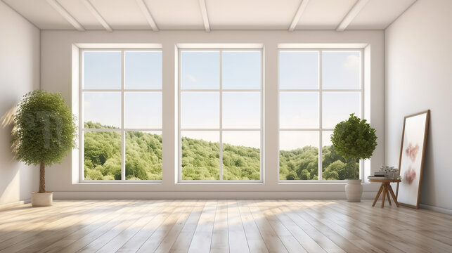White empty room with summer landscape in window. 3D illustration. Generative AI