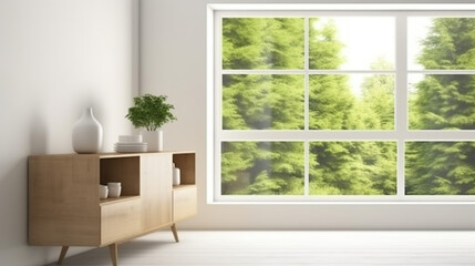 Naklejka na ściany i meble White room with shelf and green landscape in window. Generative AI