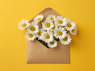 White daisies inside an open paper envelope on a yellow background