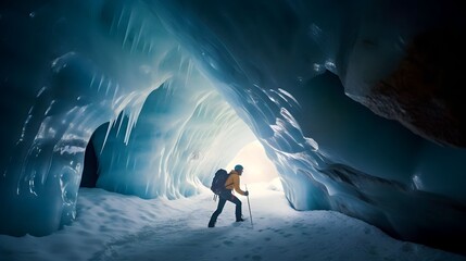 Adventurous male mountain climber skiing under ice cave