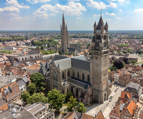 Naklejka premium Aerial view of St. Salvator's Cathedral, the Roman Catholic cathedral of Bruges, Belgium. St. Salvator (Savior) is the main church of the city of Bruges.